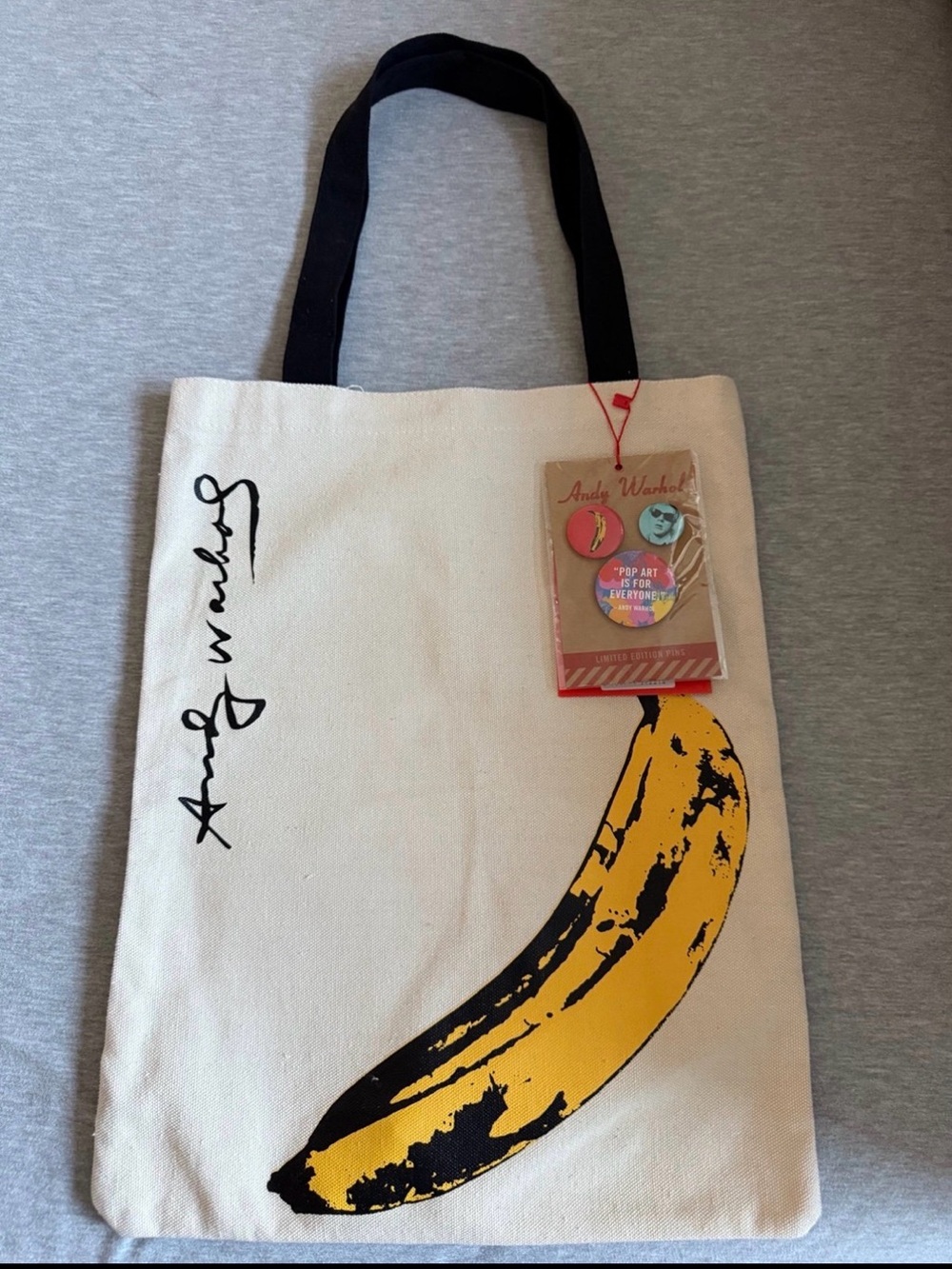 Andy Warhol Canvas Tote Bag. Banana Print with Three Pins.